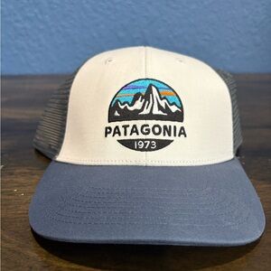 Patagonia Logo Trucker Hat in Cream and Blue